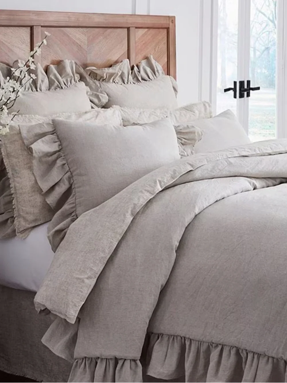 Southern Living Brooke Natural Ruffled Linen Blend Full/Queen Duvet NWT $339